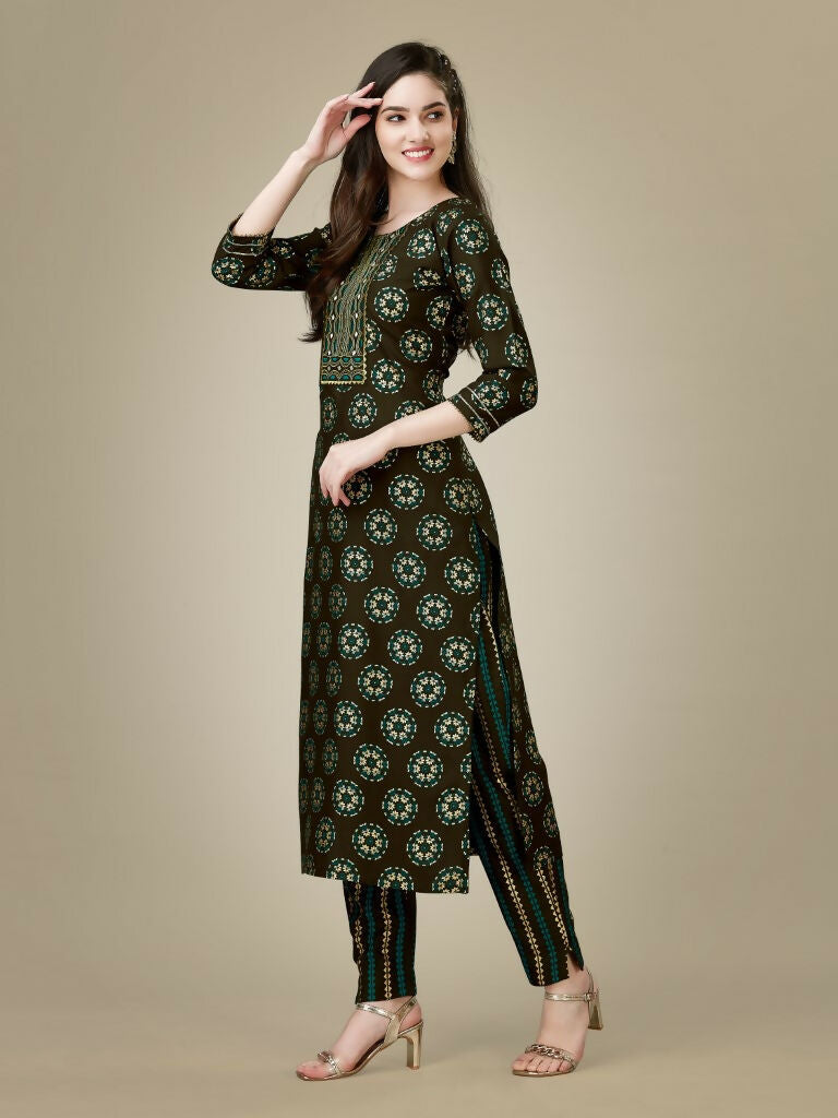 Women's Dark Coffee Rayon Embroidered Calf Length Kurta Pant Set