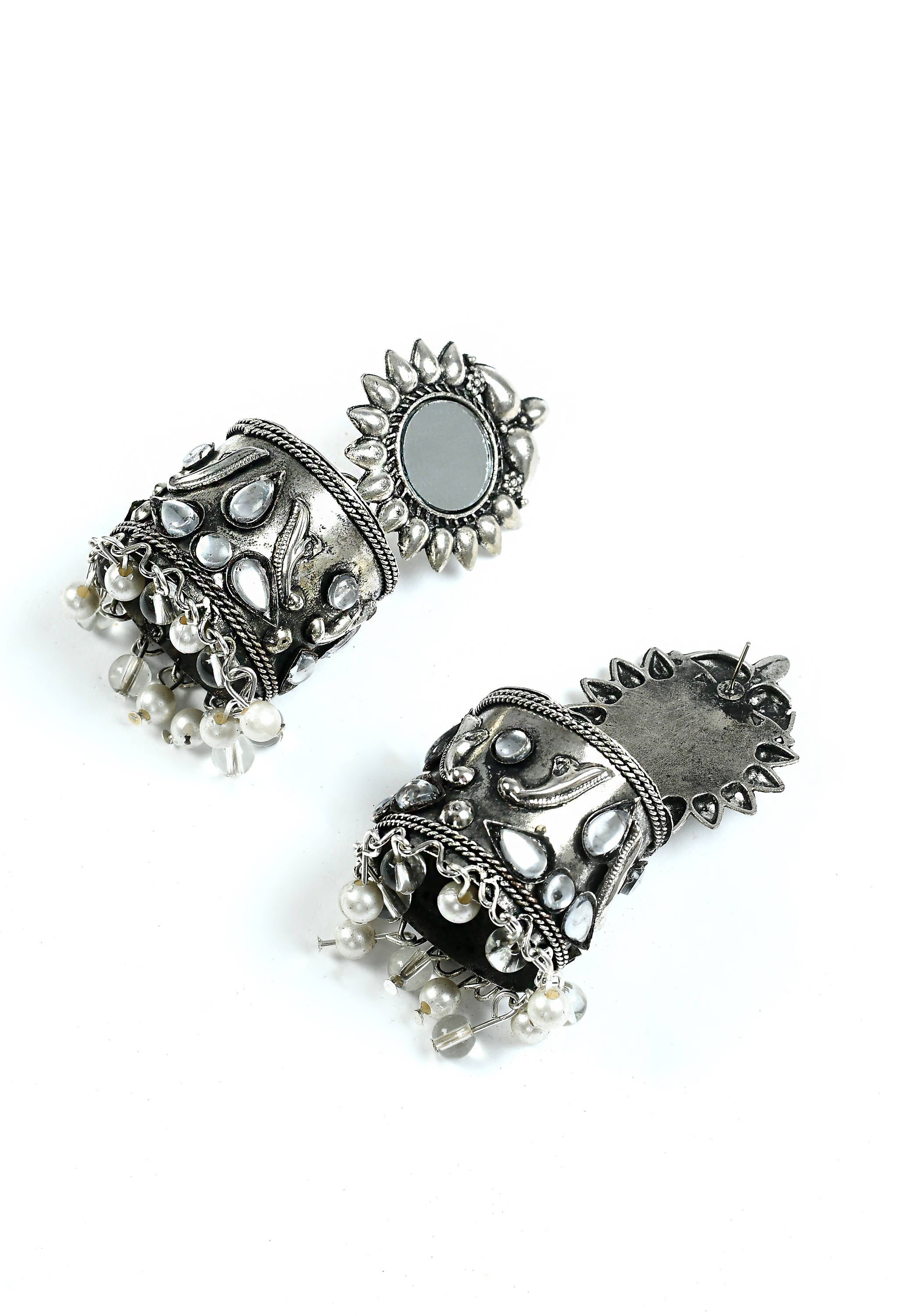 Johar Kamal Silver Oxidised Jhumka Earrings with Kundan Accents