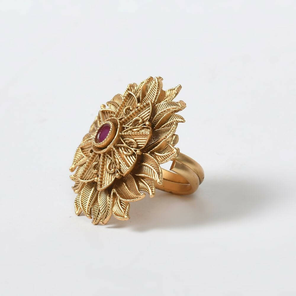 Joharkamal Gold-Polished Statement Ring with Stone Studs