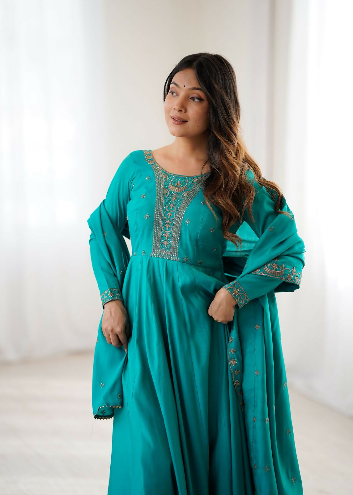 Rama Chanderi Kurta Set with Sequence Embroidery Work