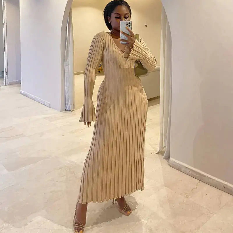 Women's V-Neck Long Sleeve Ribbed Knitted Maxi Dress - Image 6