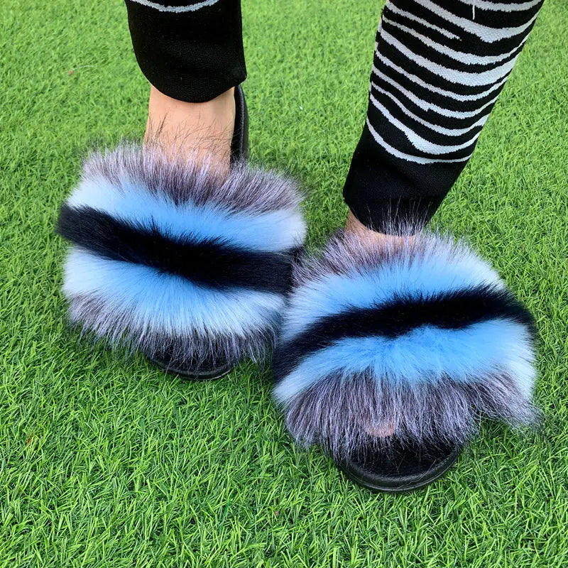 Women's Multicolored Faux Fur Flat Slippers Cozy Open Toe Slides - Image 17