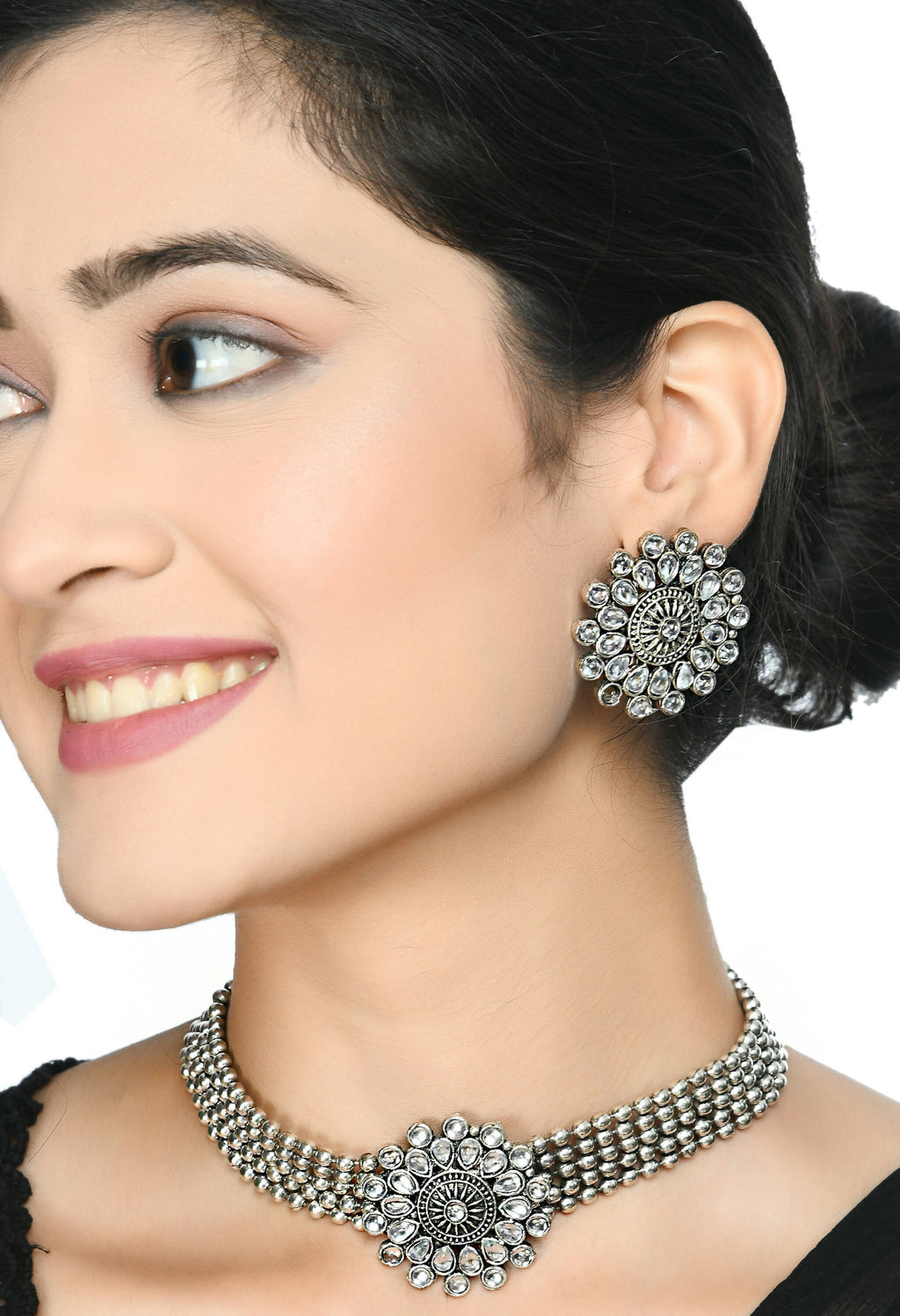 Kundan Oxidised Silver-Plated Choker Necklace for Women
