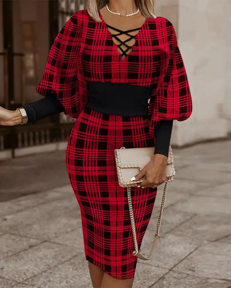 Elegant Women's V-Neck Long Sleeve Pencil Dress