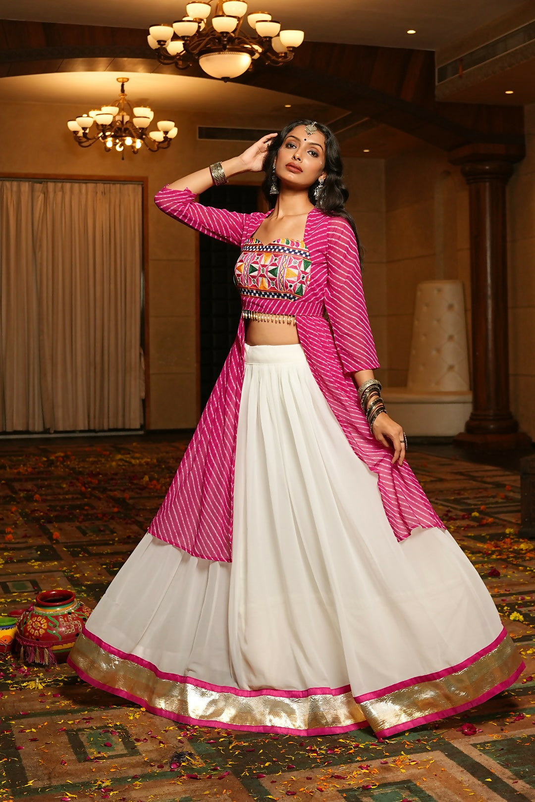 White georgette lehenga choli with pink blouse for Navratri festivals