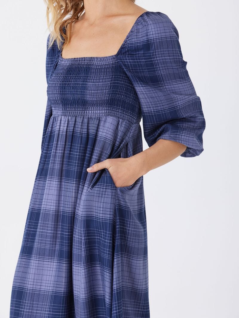 Faye Sierra Plaid Woven Midi Dress in Blue and Navy