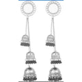 Kashmiri style silver oxidized earrings with hanging triple jhumkas and mirror details.