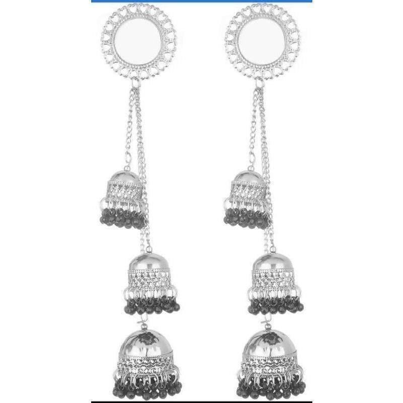 Kashmiri style silver oxidized earrings with hanging triple jhumkas and mirror details.