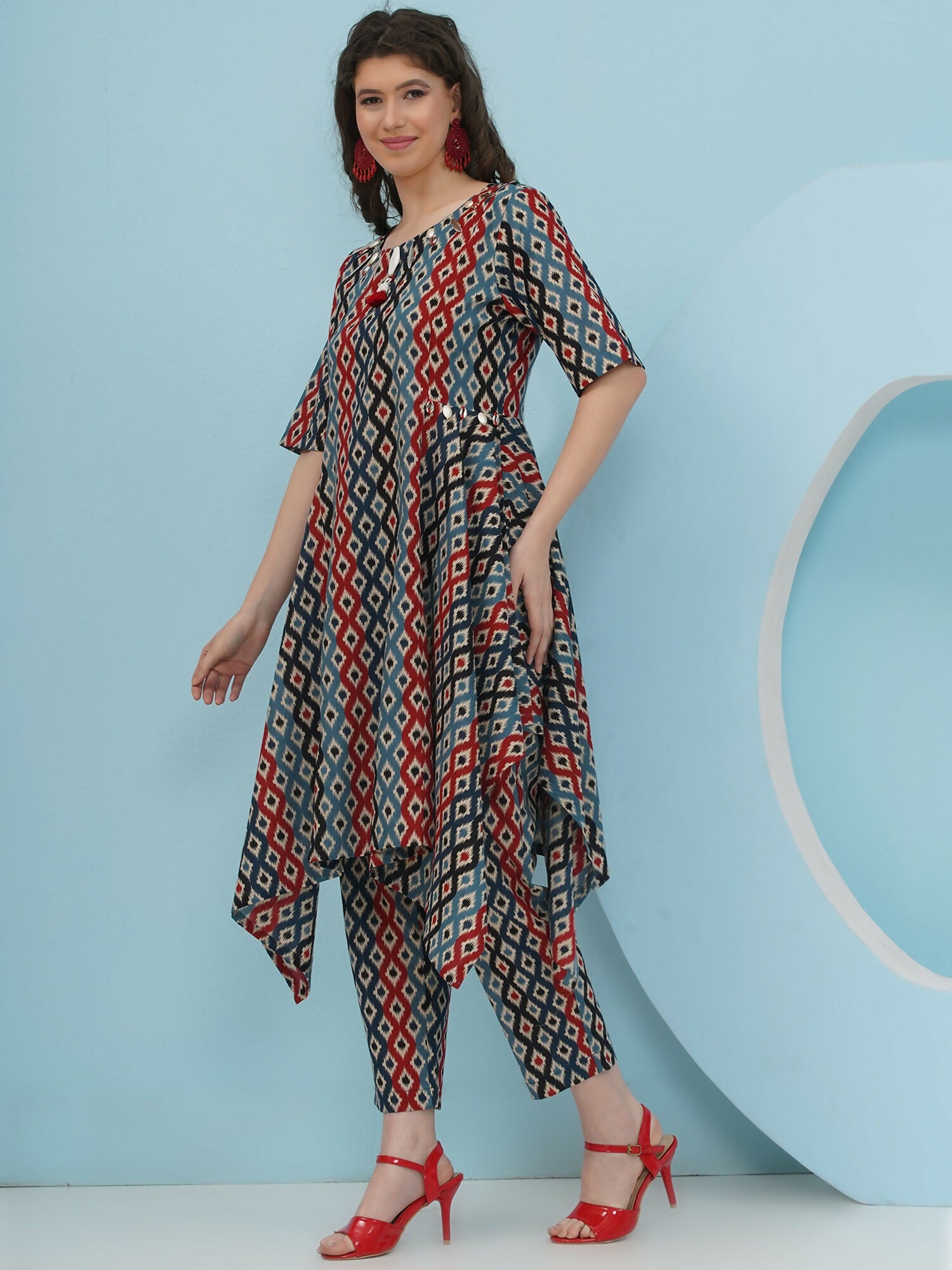 Blue Red Ikkat Printed Cotton Co-ord Set
