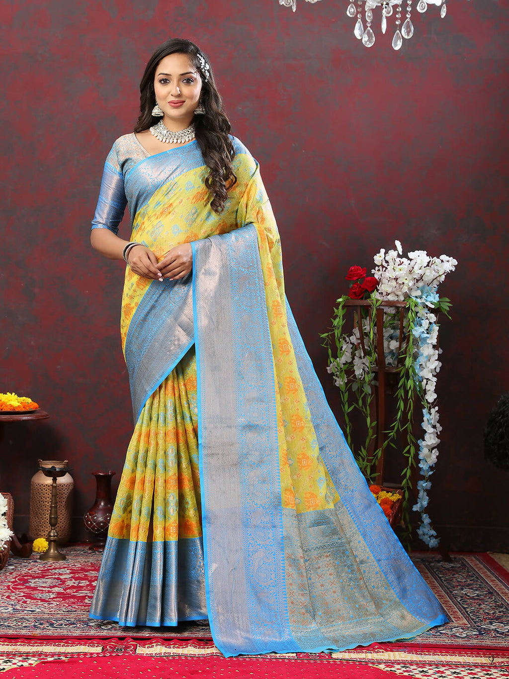 Yellow Cotton Saree with Zari Meenakari Weaving Design