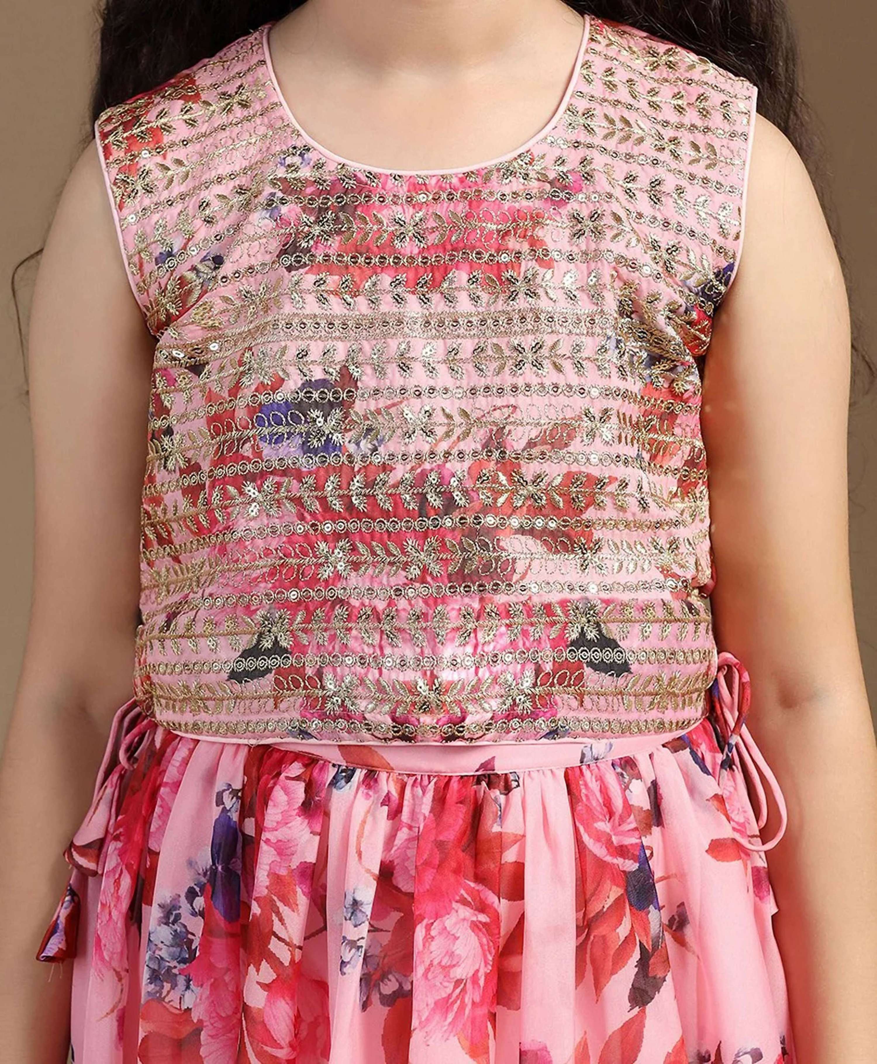 Girl's Peach Lehenga Choli in Premium Tabby Silk
