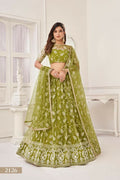 Olive Green Butterfly Net lehenga with white cotton thread and sequence embroidery