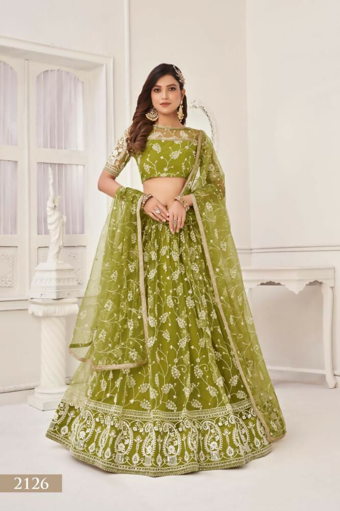 Olive Green Butterfly Net lehenga with white cotton thread and sequence embroidery
