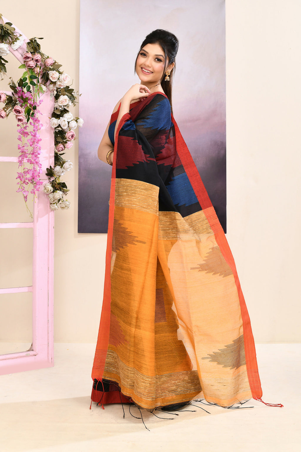 Black Jamdani Saree with Traditional Temple Border Embellishment