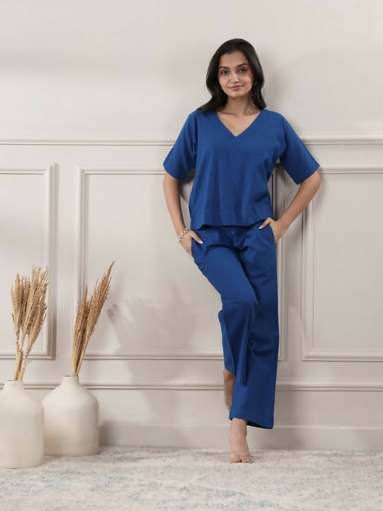 Royal Blue V-Neck Co-Ord Set for Women