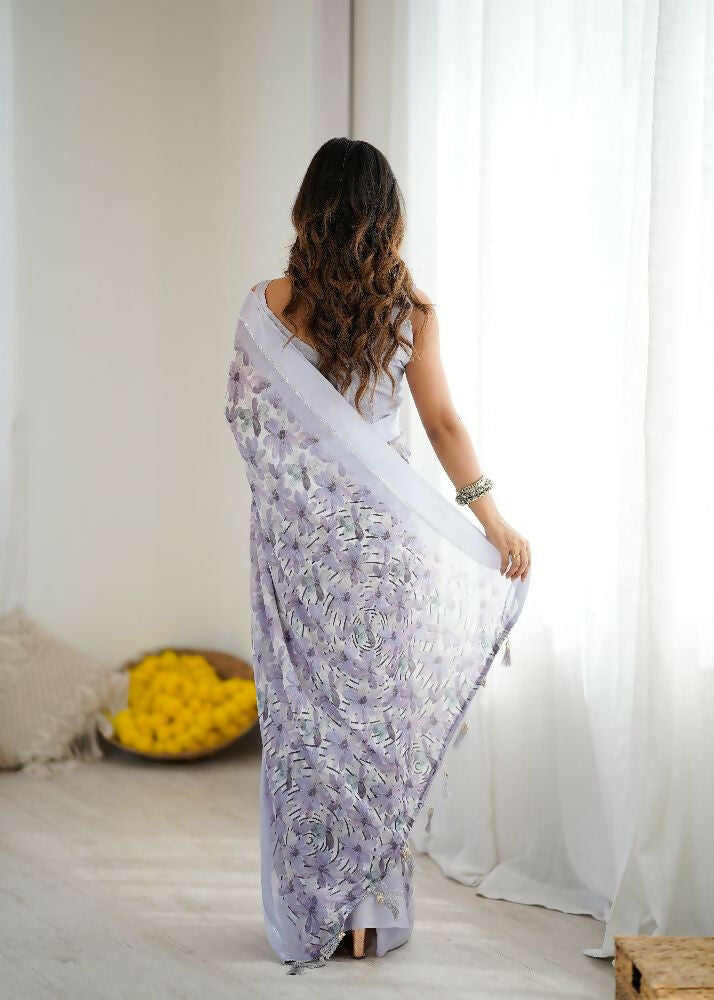 Light Purple Floral Print Satin Saree with Matching Blouse