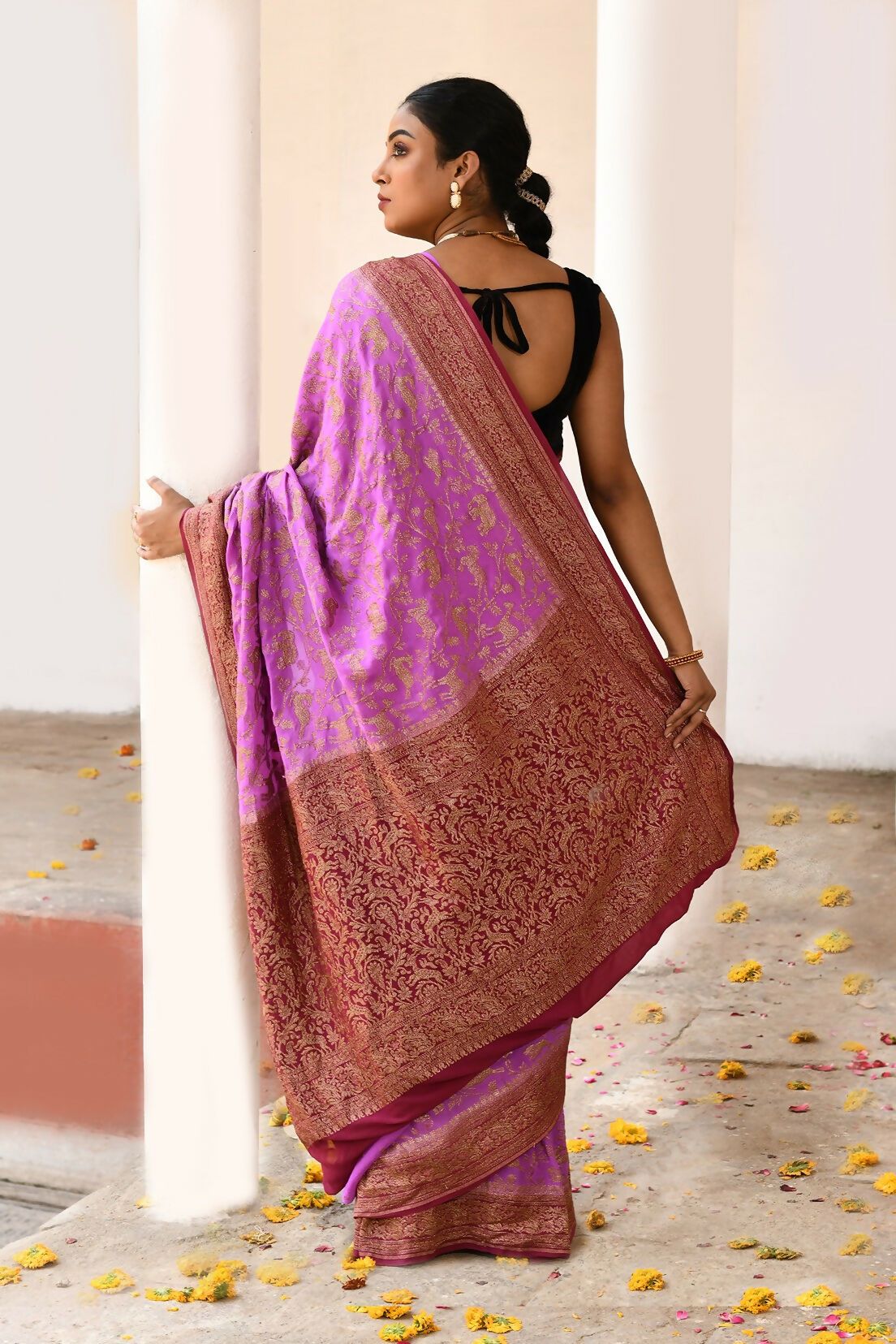 Hot Pink Crepe Chiffon Handloom Banarasi Silk Saree