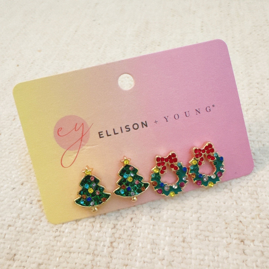 Holly Jolly Christmas Stud Earring Set – Christmas Trees & Wreaths | Festive Mini Earrings Duo