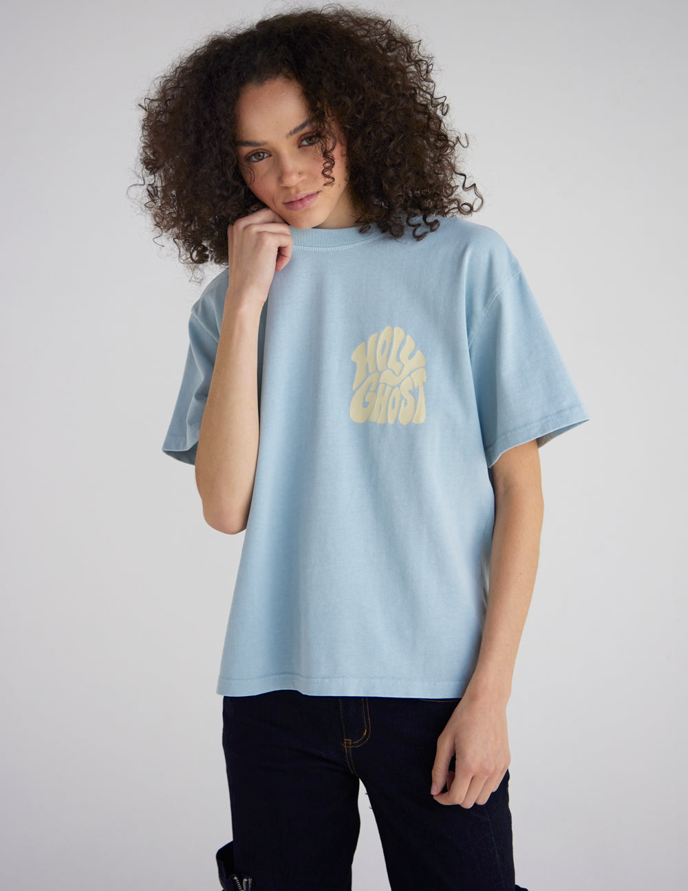 Unisex Holy Ghost heavyweight cotton tee in light blue and cream featuring a boxy streetwear fit.