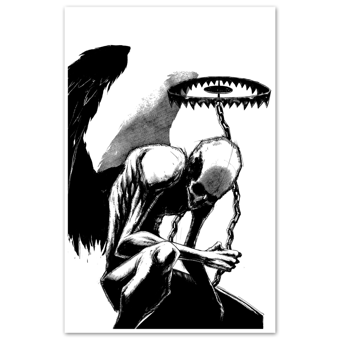 A black and white art print of a winged figure with a bear trap halo and chains on 11x17 cardstock.