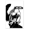 A black and white art print of a winged figure with a bear trap halo and chains on 11x17 cardstock.