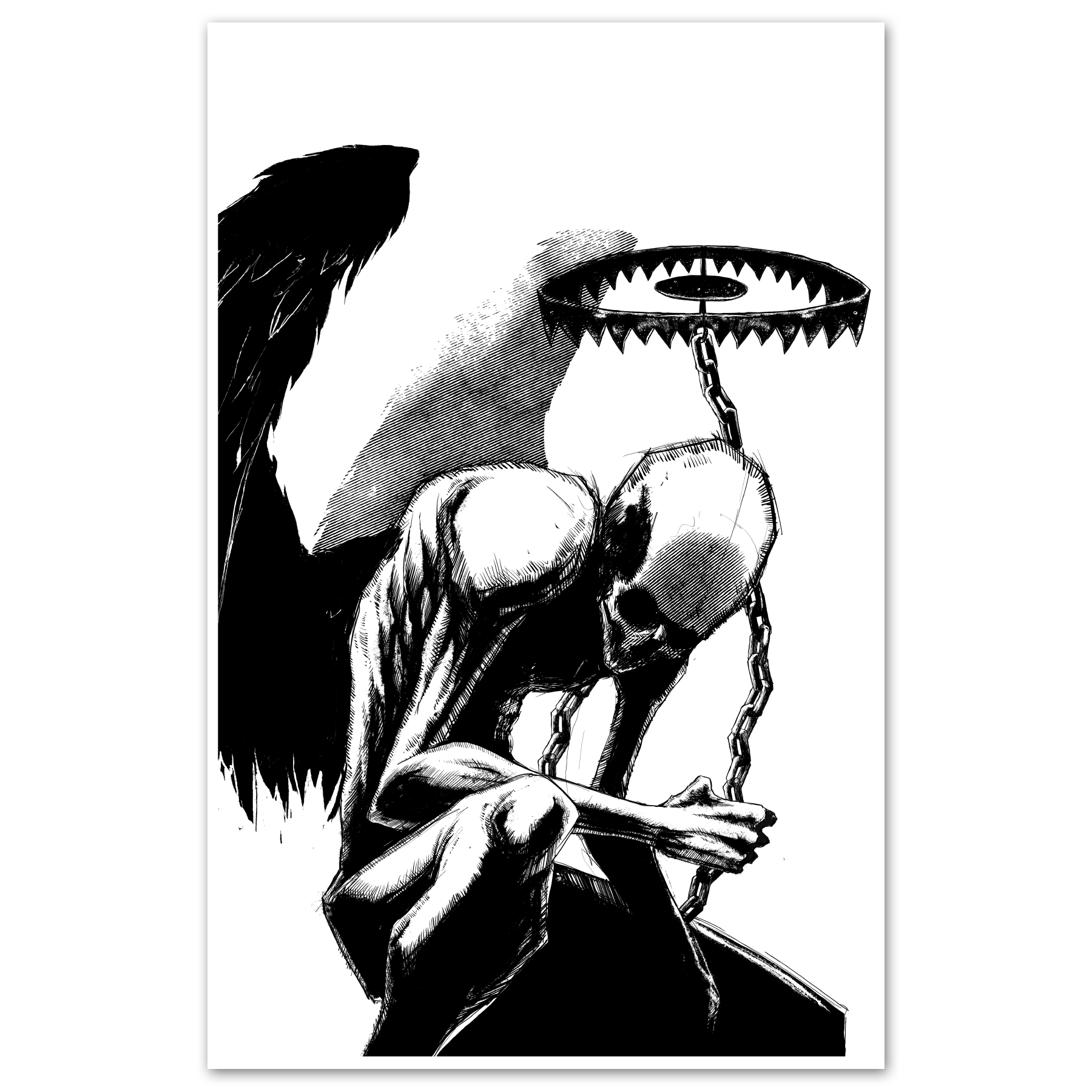 A black and white art print of a winged figure with a bear trap halo and chains on 11x17 cardstock.
