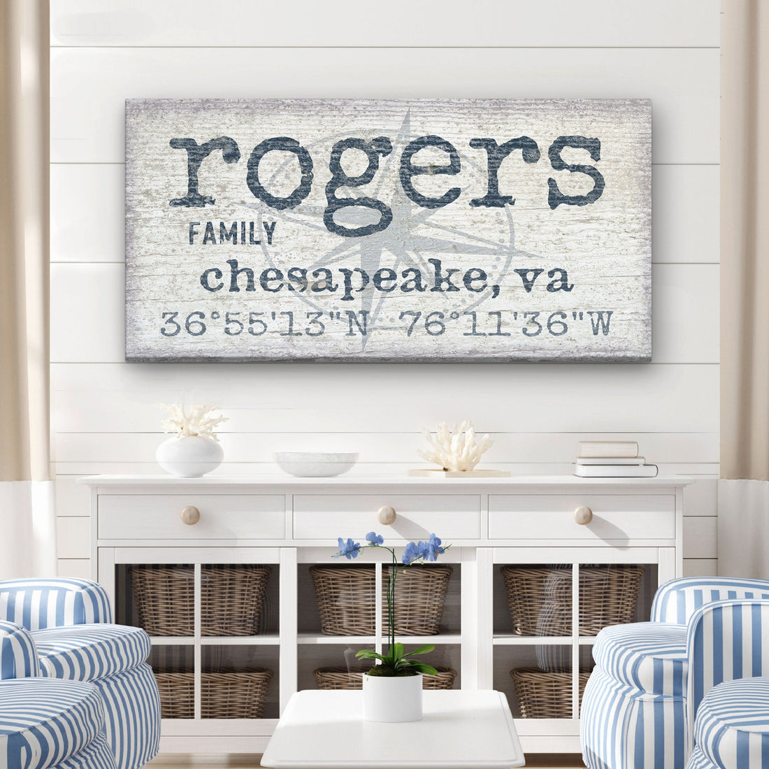 Personalized canvas sign displaying a home name and GPS coordinates with a compass rose design.