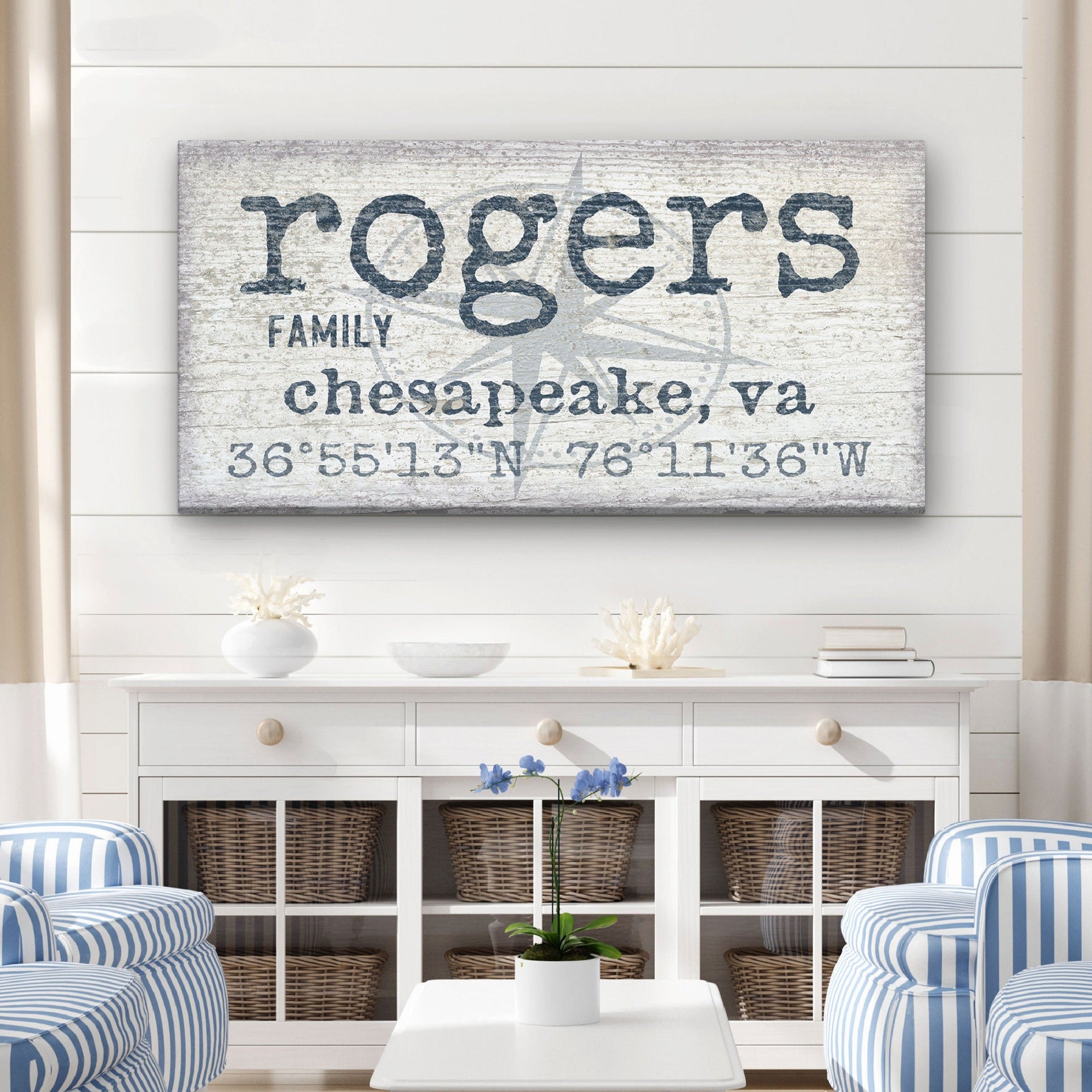 Personalized canvas sign displaying a home name and GPS coordinates with a compass rose design.