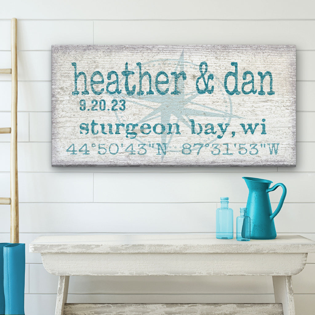 Personalized Home Name Coordinates Canvas Sign with Compass Rose