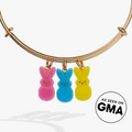 Expandable wire bangle featuring colorful pink, blue, and yellow PEEPS bunny enamel charms.