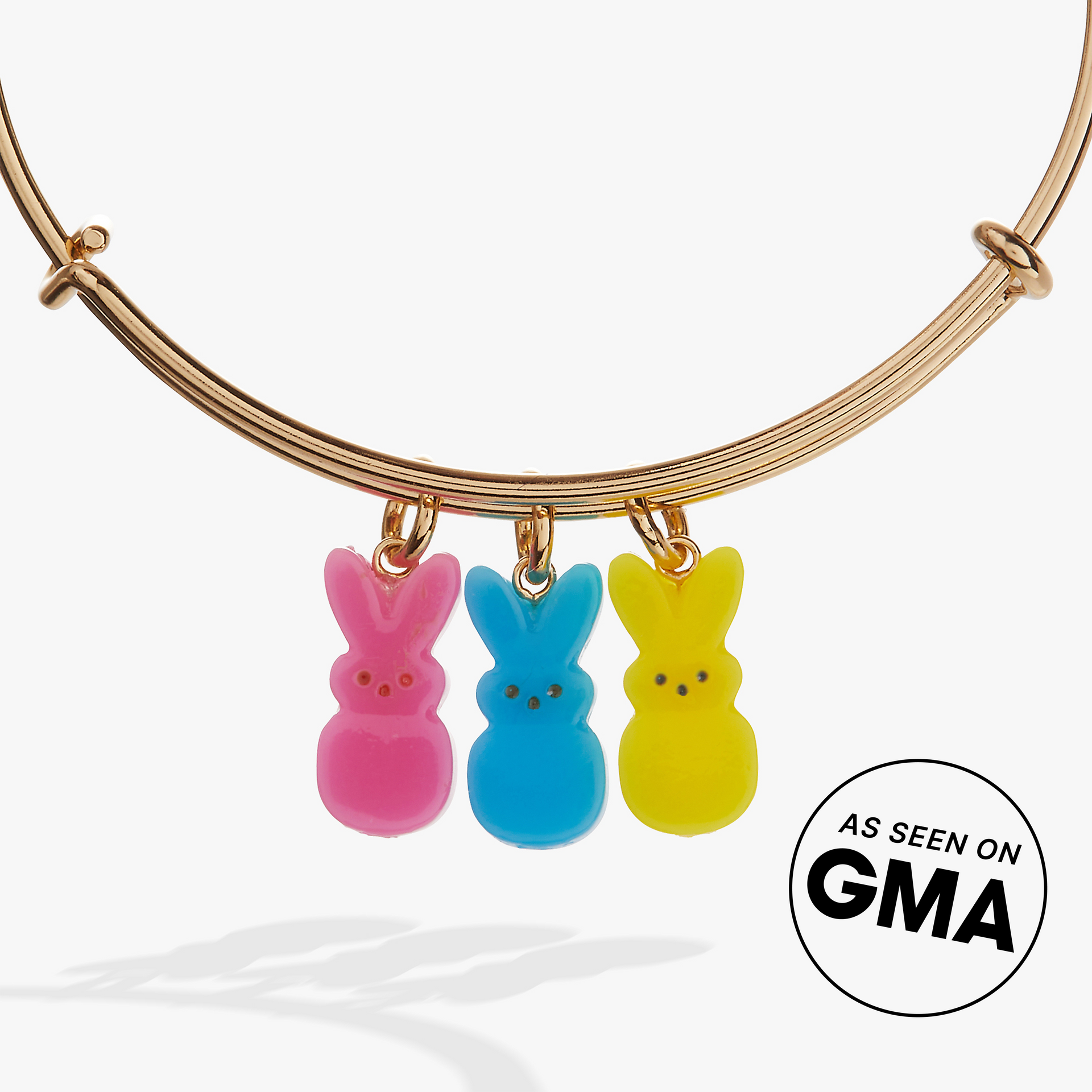 Expandable wire bangle featuring colorful pink, blue, and yellow PEEPS bunny enamel charms.