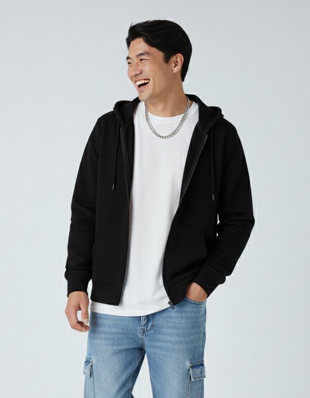 Heavyweight Zip Up Hoodie in Black Fleece for Men - Image 2