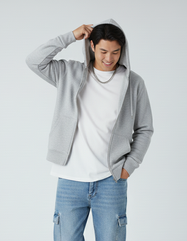 Heavyweight Zip Up Hoodie in Black Fleece for Men - Image 7