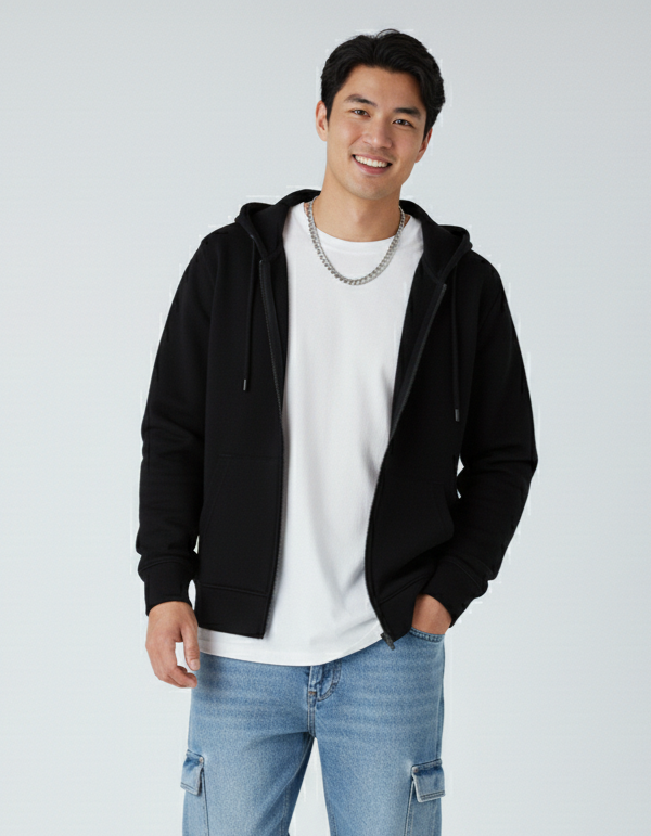 Heavyweight Zip Up Hoodie in Black Fleece for Men - Image 3