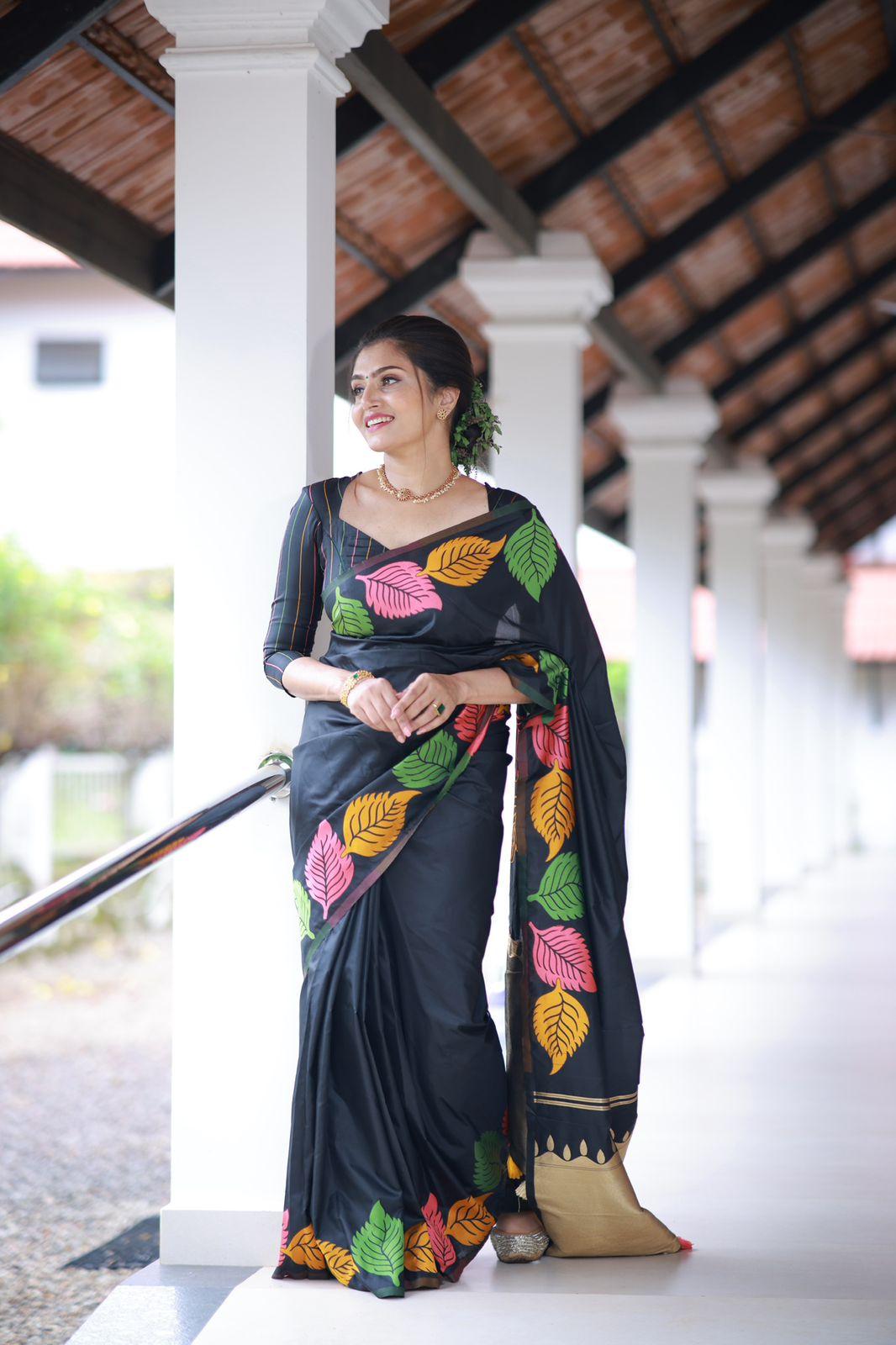 Black Pure Silk Woven Saree with Multicolour Leaf Design