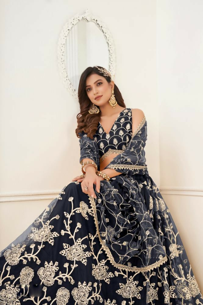 Black Butterfly Net Lehenga Choli with Cotton Thread Embroidery