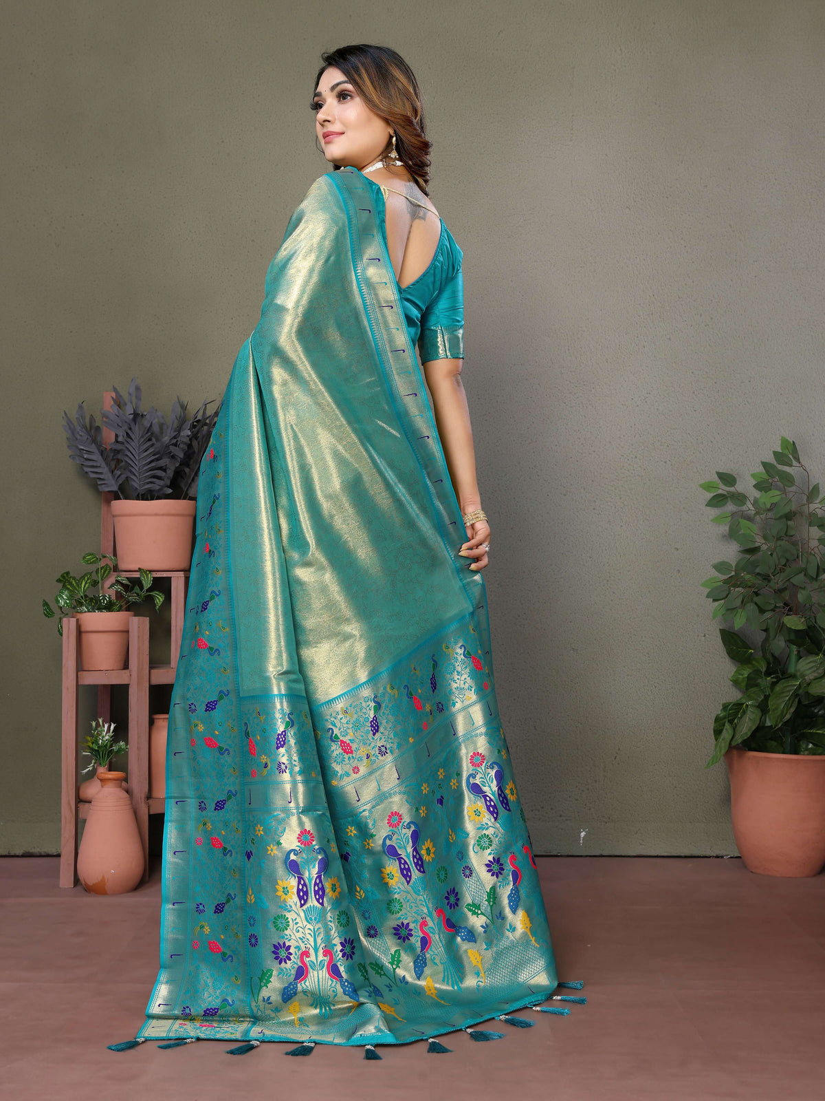 Sea Green Tissue Silk Paithani Woven Saree