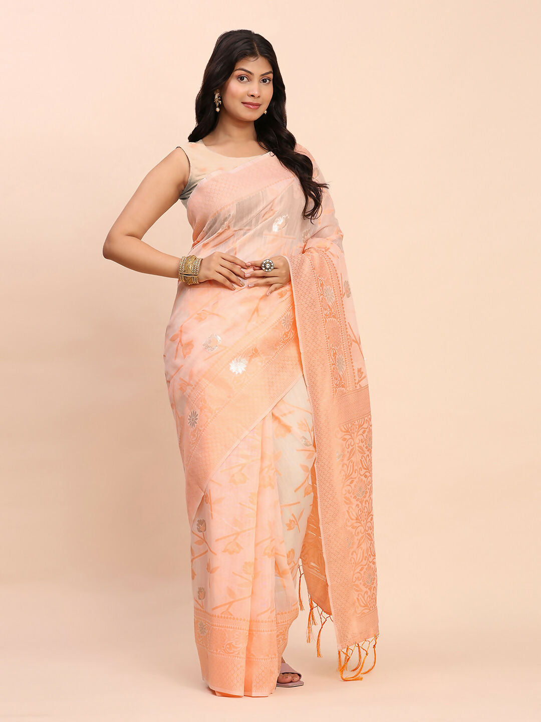 Peach Linen Cotton Saree with Matching Blouse