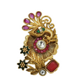 Close-up of a Joban Fashion golden finger ring featuring white pearls, polki stones, and ruby accents.