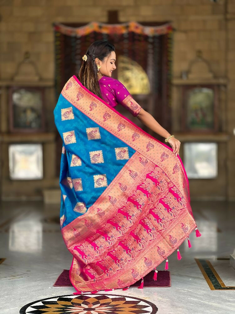 Firozi Soft Banarasi Silk Saree With Zari Weaving and Meenakari