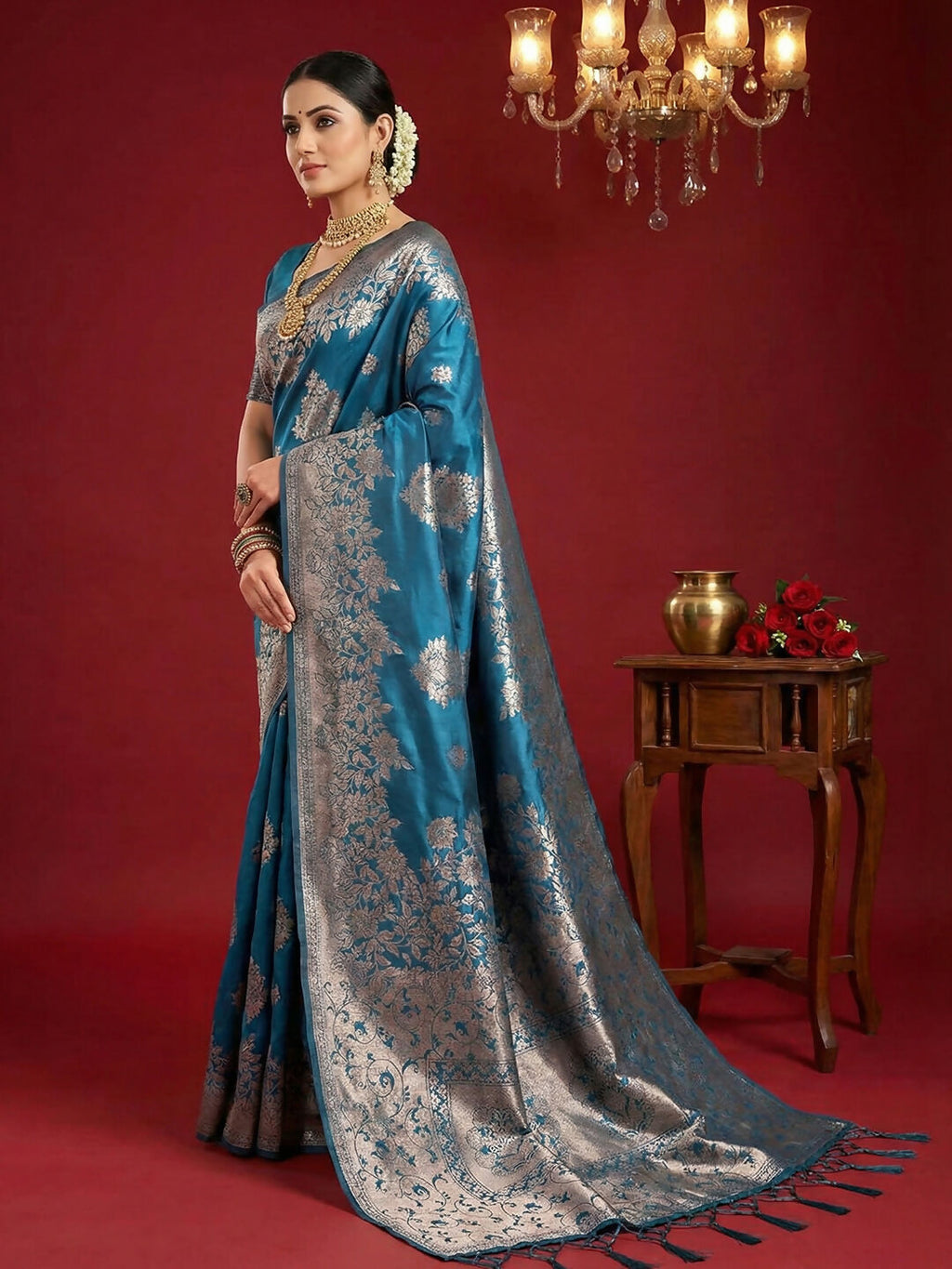 Teal Blue Silk Blend Saree with Matching Blouse