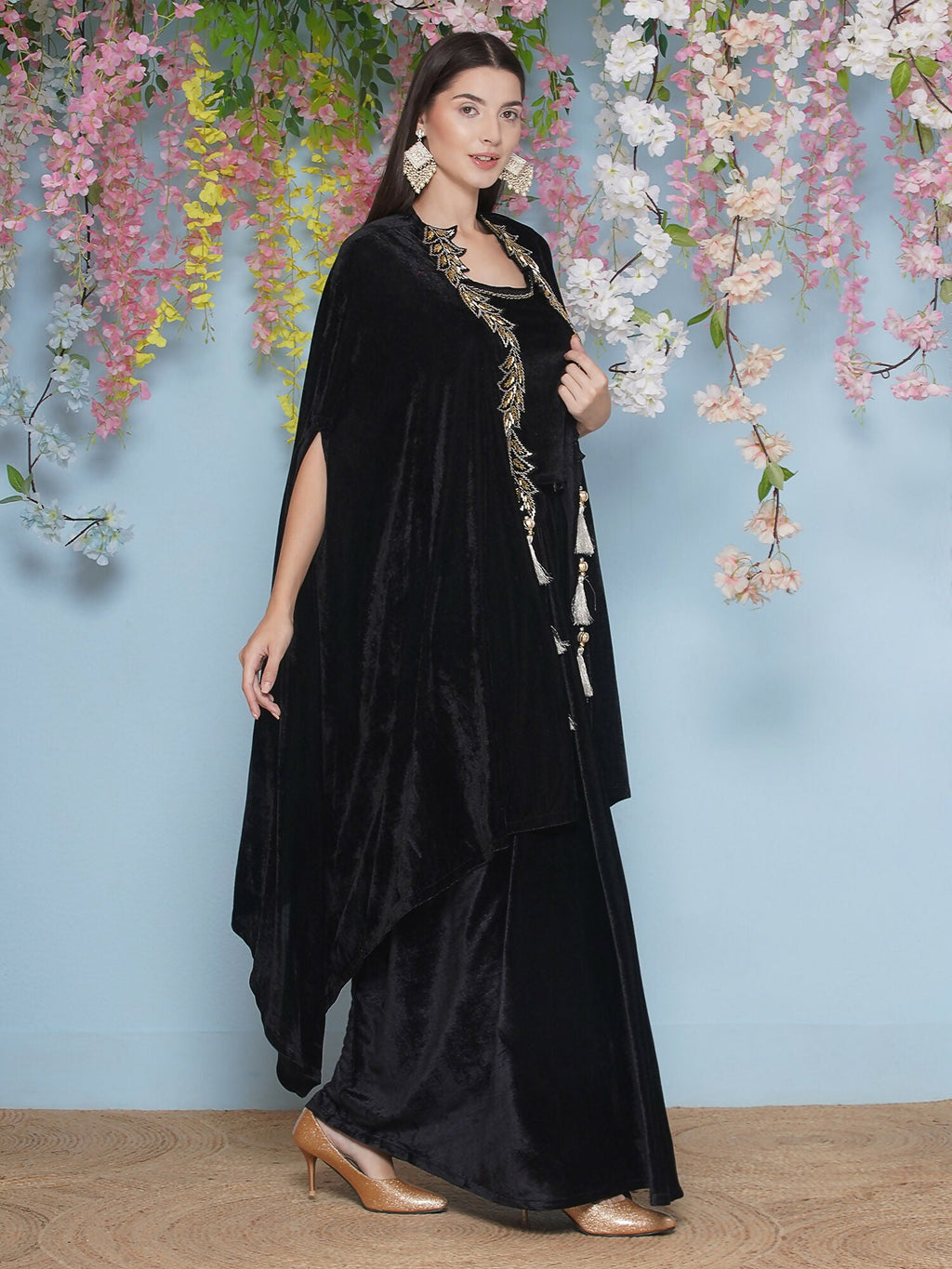 Black Hand Embellished Velvet Cape with Inner and Skirt Set