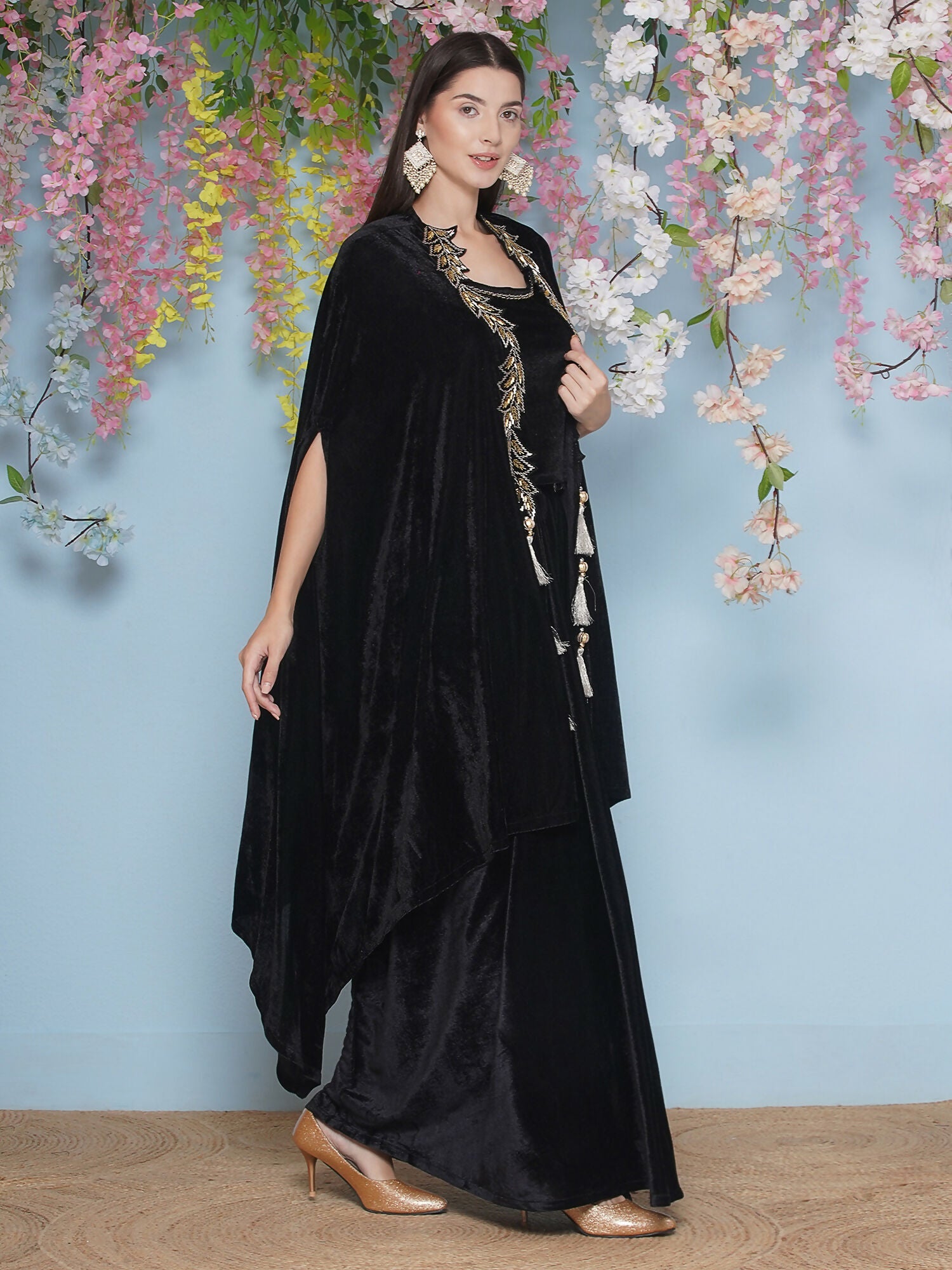 Black Hand Embellished Velvet Cape with Inner and Skirt Set