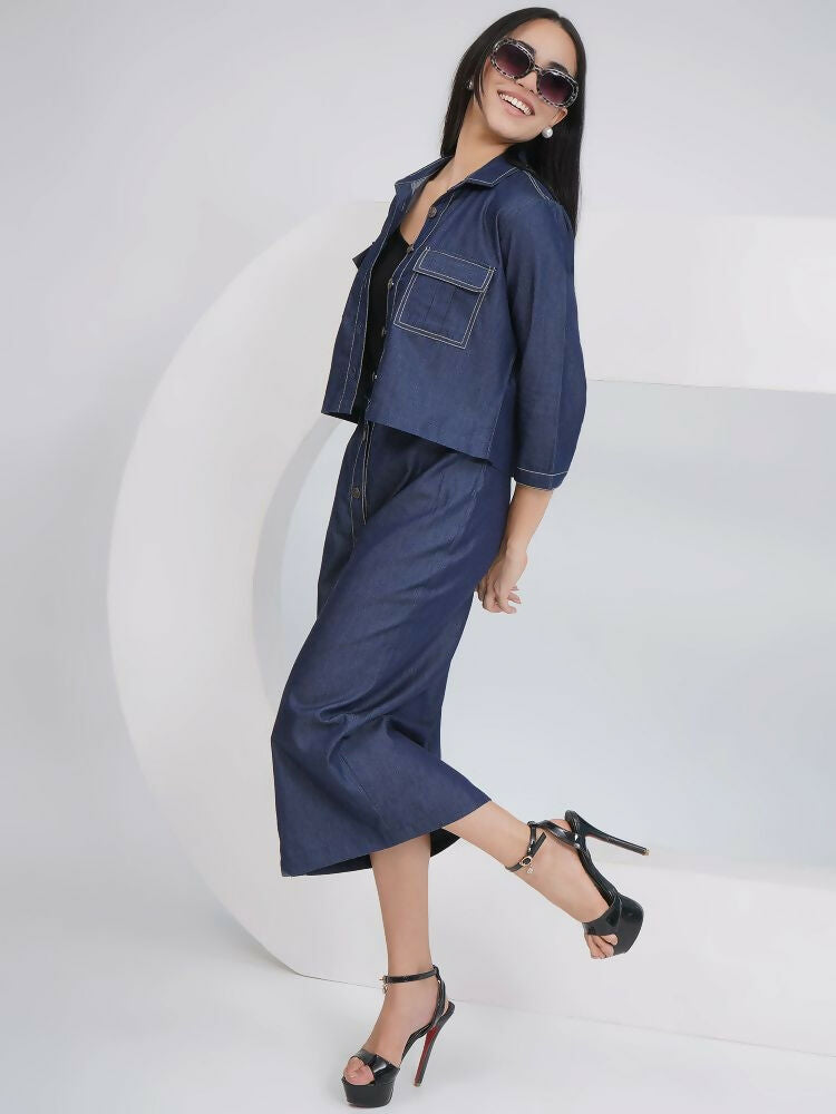 Black Cotton Denim Pencil Skirt Set with Matching Jacket