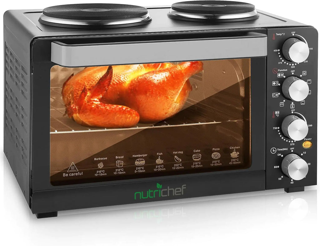 NutriChef 30 Quart Kitchen Convection Oven & 2 Burner Cooker - 1500 Watt Oven - 7 Cook Functions Rotisserie Cook Bake Broil & More - Includes Baking Tray Skewers & Handles - 19.6 x 16.0 x 13.5 IN