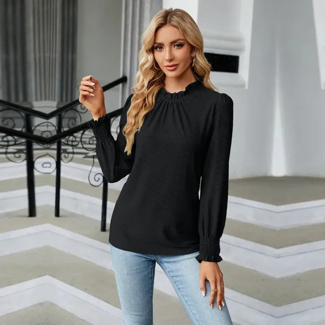 Women's Long Sleeve Blouse with Ruffled Neck and Smocked Cuffs - Image 22