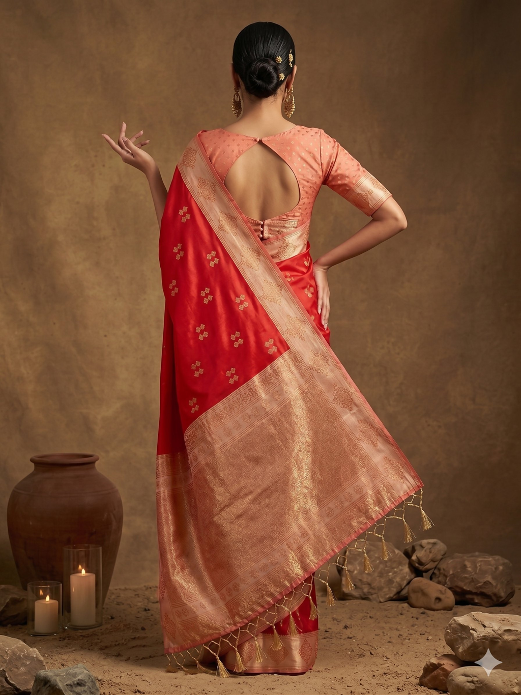 Red Soft Silk Saree with Contrast Peach Blouse for Elegant Events