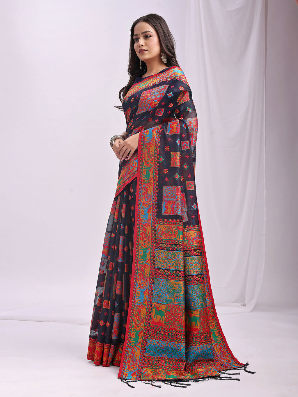 Navy Blue Linen Cotton Saree for Elegant Daily and Occasion Wear