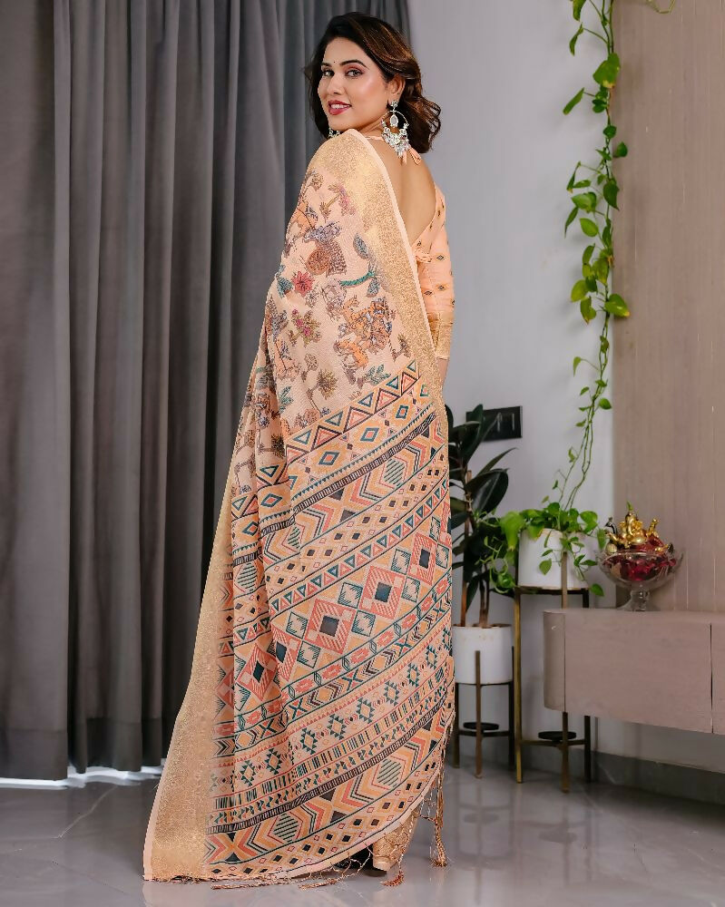 Cream Pure Handloom Linen Saree with Matching Blouse Piece