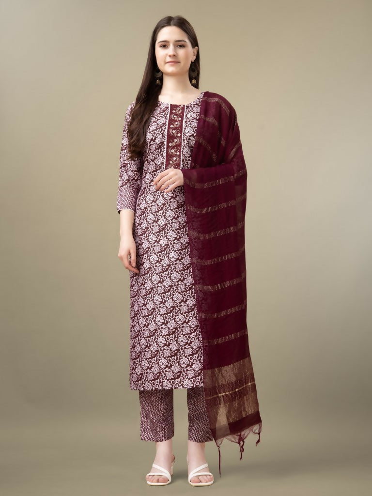 Maroon rayon straight kurta set with sequence embroidery and matching trousers.